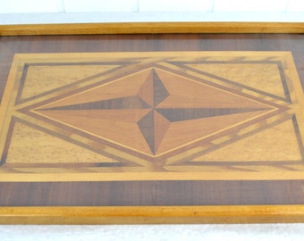 Plateau De Service En Marqueterie Sous Verre, Style Spindler – Années 1950, Bois