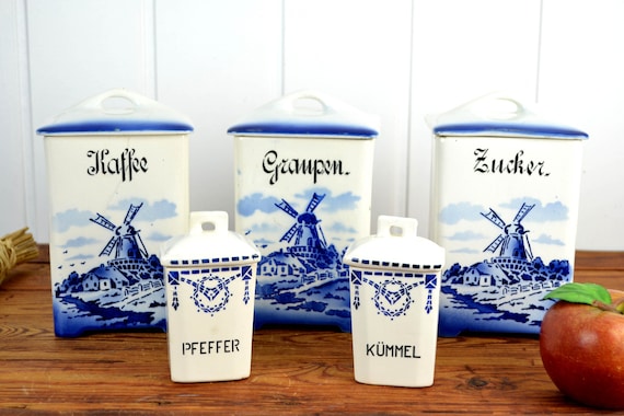 Set Vorratsdosen Elsterwerda Keramik Steingut Jugendstil um 1900 1910 Dose Küche Aufbewahrung 1920 Gewürze Deutsch Vintage Landhaus