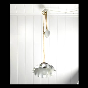 May include: A white porcelain ceiling light fixture with a floral pattern on the shade. The light is suspended from the ceiling by a rope and pulley system.