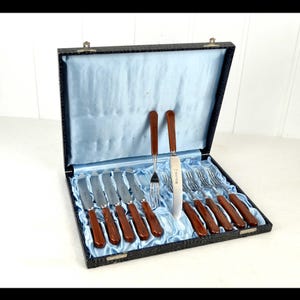 Può includere: Un set di posate vintage in una custodia nera con fodera in raso azzurro. Il set comprende coltelli e forchette con manici in legno marrone e lame argentate. La custodia è aperta, mostrando l'argenteria.