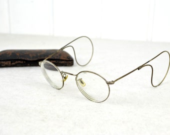 Gafas de níquel duro con estuche Gafas de níquel níquel 20s 30s Art Déco marco de alambre antiguo redondo ovalado