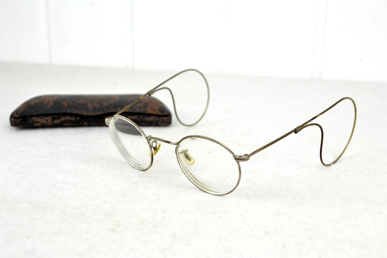 Hard nickel glasses with case Nickel nickel glasses 20s 30s Art Deco wire frame antique round oval image 1