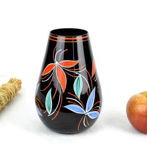 Vase Glasvase Schwarzglas Handbemalt mid century Rockabilly Blumen Vintage Design Deko Dekoration 50er 60er Retro Modern Brocante Bild 3