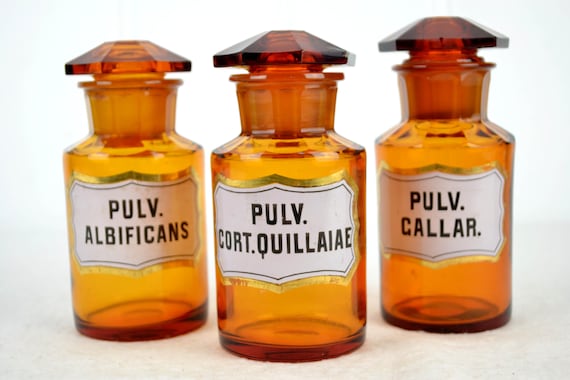 3 antike Apothekerflaschen 1900 Emaille Glas Flasche Facettiert geschliffen Apotheke Laborflasche Vintage Gefäß Chemie Aufbewahrung