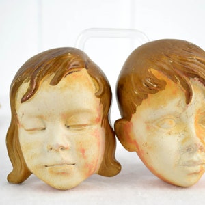 Cortendorf wall masks, girl & boy, 3410 3411, ceramic wall art, 1950s/60s mid-century pottery, rockabilly design, kidney-shaped table, Albert Strunz