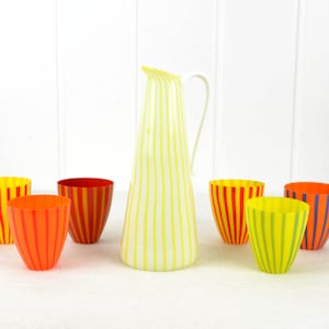 Lauscha Glasset Kanna + 6 Koppar Mitten av 1950-talet Unik Glaskanna Dekorativ Handformad Juicekanna Vintage Design Rockabilly Mästerverk