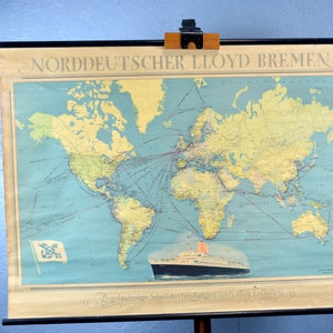 Rotolo mappa Nord Germania LLOYD Bremen nave mappa del mondo collegamenti di spedizione nave passeggeri anni '50 consiglio scolastico metà secolo design vintage mondo