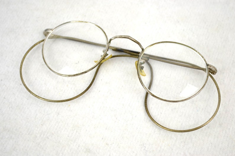 Hartnickel Brille mit Etui Nickel Nickelbrille 20er 30er Art Deco Gespinstbügel antik rund oval Bild 2