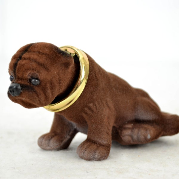 Wackelkopf Hund Bulldogge Figur Beflockt Tuchstaub Tier Auto Oldtimer Vintage Design Deko Sammler Spielzeug Souvenir 60er 70er