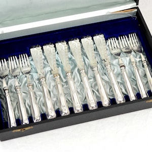 Fish cutlery cutlery set 12 pcs. 1900 1910 Sheffield England engraved silver plated S T & Co EPNS design pattern fish knife knife fork fish