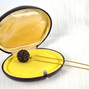 Puede incluir: Una caja de joyería ovalada abierta, con exterior marrón oscuro e interior de satén amarillo. En el interior, un pasador para el pelo con una bola oscura con cuentas y dos largas púas doradas descansa sobre el satén.