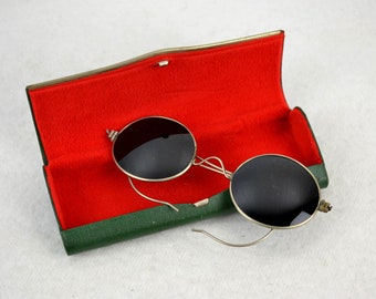 Hartnickel Sonnenbrille Extrem dunkel Brille um 1900 1910 mit Etui Nickel Nickelbrille Gespinstbügel antik rund oval
