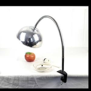 May include: A silver clamp-on desk lamp with a dome-shaped shade. The lamp has a flexible arm and a black clamp.