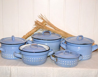 Emaille Topf Set mit Deckel Vintage 5 Töpfe Landhaus Enamel Shabby Dekoration Rustikal Kochen Küche Kitchen Pot Blau