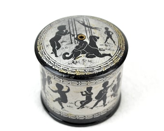 Lacquer box black with playing putti and ornamentation 1910 1920 Art Nouveau cardboard lacquer thread box jewelery box