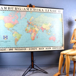 Hapag Rollkarte Hamburg Amerika Linie 30er Weltkarte Fracht Passagier Dienst Schultafel Wandtafel Vintage Design Lehrmittel Welt Brocante