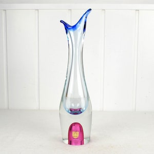 Peut inclure: Un vase en verre transparent avec un bord bleu et une base rose. Le vase a une forme unique et organique avec une ouverture évasée.