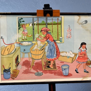 vecchio rotolo di carta DDR lavanderia lavaggio anni '50 anni '60 consiglio scolastico lavaggio lavanderia muro pannello design vintage sussidi didattici cameretta bambini murale