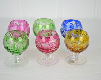 Seis copas Nachtmann con diseño superpuesto, cristal de plomo, copas para coñac, diseño de uvas Römer, cristal tallado, cristal soplado, copas para licor/aguardiente, década de 1960