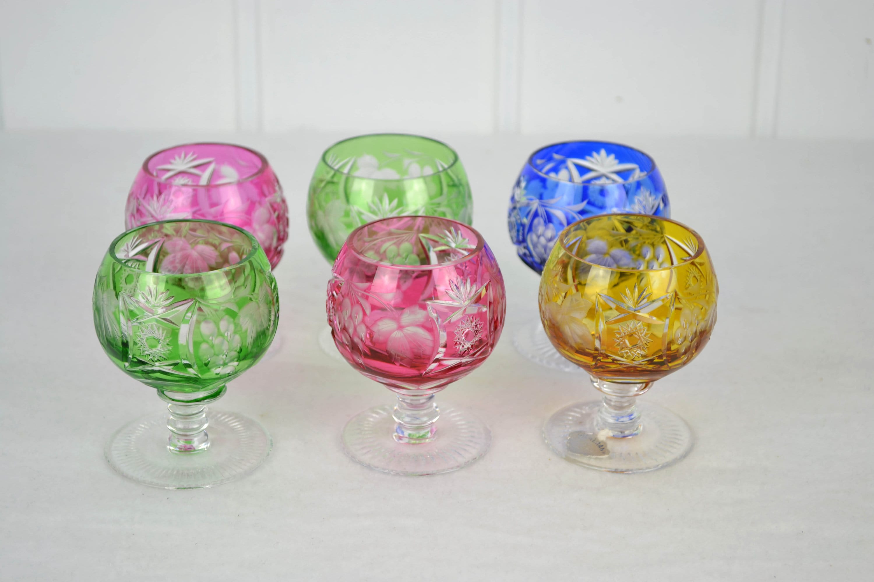 6 Verres Nachtmann À Décor Superposé, Cristal Au Plomb, Cognac, De Raisins Römer, Taillé, Soufflé La Bouche, Liqueur/Schnaps, Années 1960