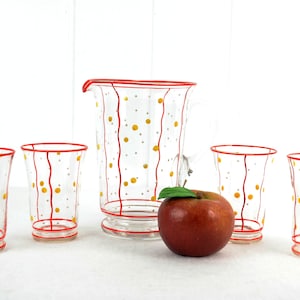 Jug + 4 glasses mid century glass jug water jug hand-shaped juice jug hand-painted dots vintage design 50s 60s rockabilly handle jug