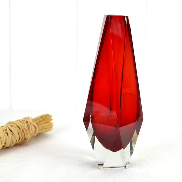 Murano Alessandro Mandruzzato Blockvase Sommerso Überfangglas Facettenschliff Glasvase Studioglas geschliffen 60er Glas Vase Vintage Design