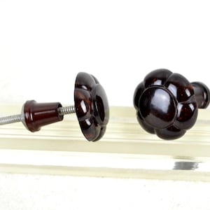 Op de afbeelding: Twee donkerbruine, decoratieve kastknoppen met een bloemvormig ontwerp. De knoppen hebben een zilveren schroef.