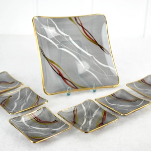 Set of 7 glass pastry plates mid century plate plate design vintage petit four cake chocolates German net decor service 50s 60s