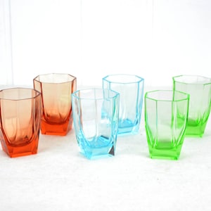 6 Art Deco glasses cut 30s blue green red vintage design brocante glass drinking glass water glass juice glass