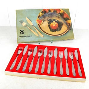WMF Fischbesteck Besteckset 12 tlg. Fisch Design Rostfrei Edelstahl Muster Messer Gabel 60er 70er mid century