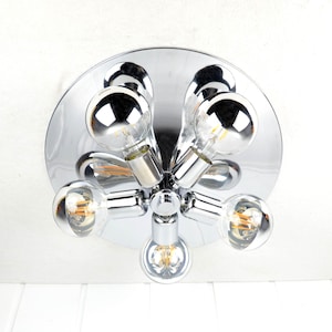 Hustadt Leuchten Chrome Ceiling Light + 5 LED Mirror Head Bulbs 60s Design Ceiling Lamp Light Vintage Design Space Age