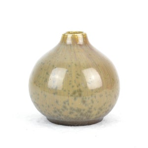 May include: A small, round, green and brown ceramic vase with a speckled glaze.