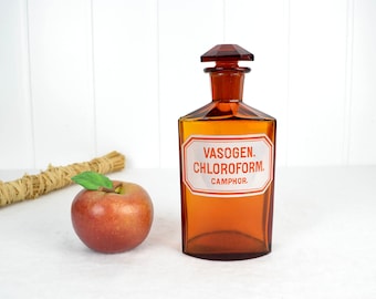 Antique apothecary bottle, 1900s, Vasogen chloroform, enamel glass bottle, faceted, cut, pharmacy, laboratory bottle, vintage vessel, decorative chemical