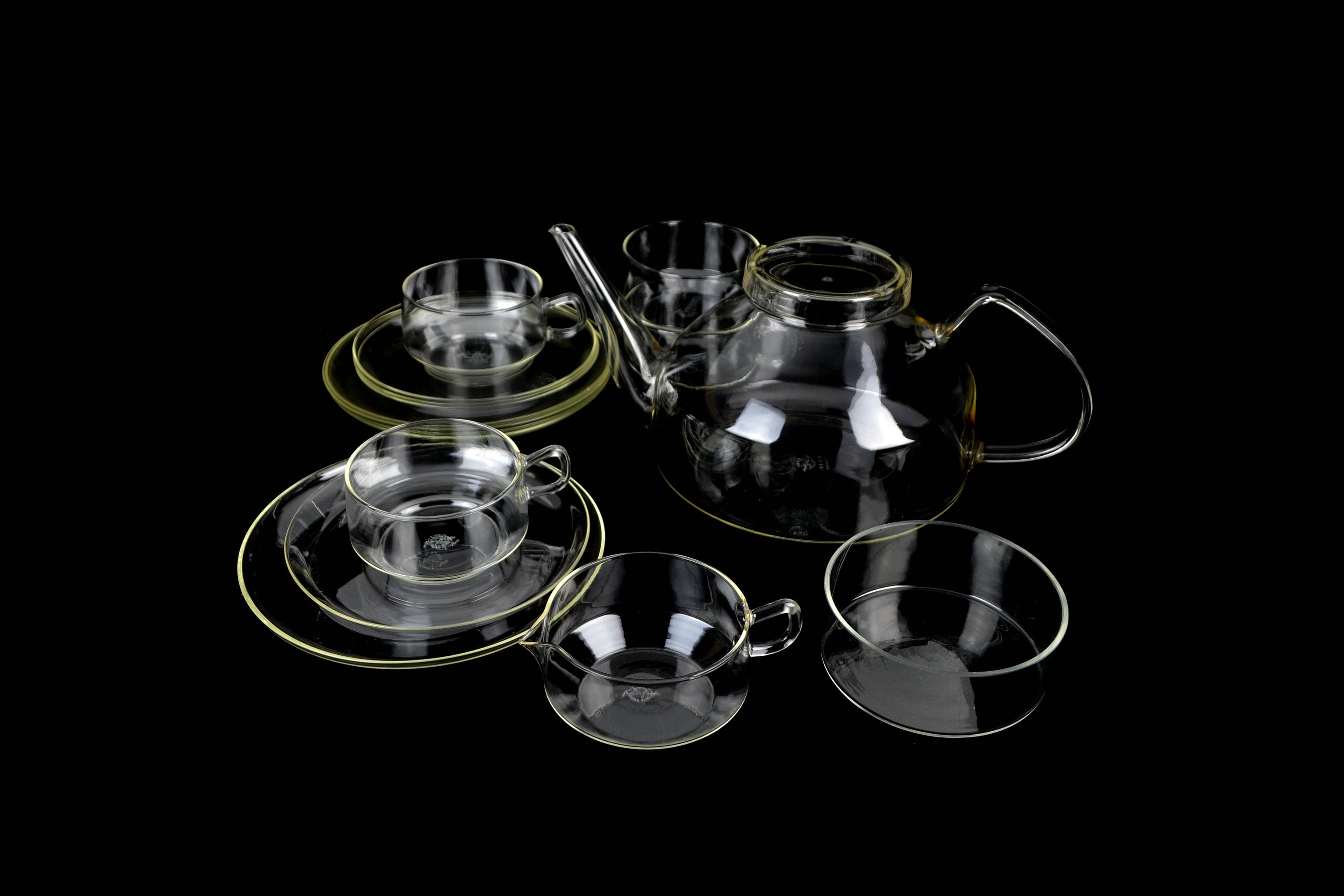 Teeservice 15tlg. Glas Design Ilse Decho 60er Vintage Brocante Jenaer Glaswerke Jena Schott & Gen DDR Teekanne Teller Tassen