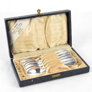 6 coffee spoons 800 silver Richard Köberlin Döbeln Gebrüder Sachsen crescent and crown spoon in case vintage design cutlery 1900 Art Nouveau