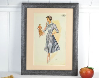 50s picture WEMO fashion modern clothes of the woman newly framed with passe-partout style mid century vintage design mural Brocante 60s