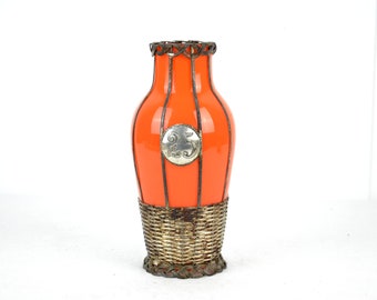 antike Glas Vase Orange mit Metallmontur Geflecht um 1910 Vintage Design Blumenvase Jubiläum Geschenk