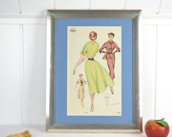 50s picture WEMO fashion modern clothes of the woman newly framed with passe-partout style mid century vintage design mural Brocante 60s