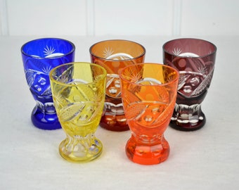 5 vasos Nachtmann con diseño superpuesto, vasos de cristal de plomo, whisky, coñac, licor, ginebra, copas, cristal tallado, soplado a boca, años 60/70