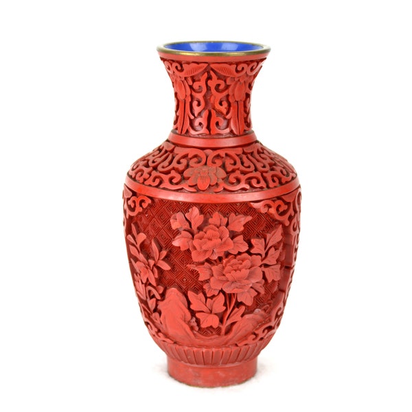 Chinesische Lackvase Vase Lackschnitzerei 1900 Vintage Design Blumenvase Blumen Asiatika China Rot Lack Schnitzerei