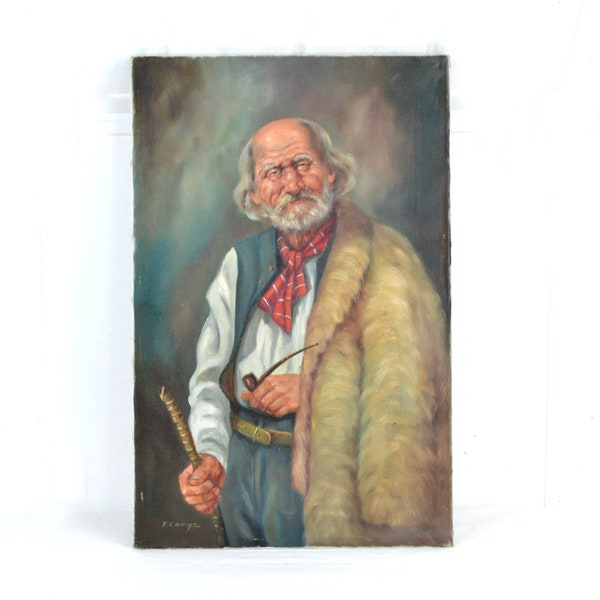 Tableau T. Lange signé années 30 huile sur toile vieil homme berger papy vintage design tableau décoration