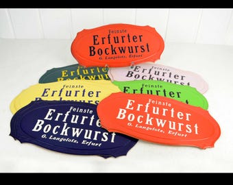 Werbeschild nach Farbauswahl „Feinste Erfurter Bockwurst / G. Langelotz, Erfurt“ 30er 40er Art Deco Werbung Werbebild Schild Deutsch Vintage