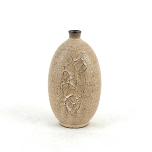 Könnte beinhalten: Eine hellbraune Keramikvase mit einer strukturierten Oberfläche und einem dunkelbraunen Rand. Die Vase ist oval geformt und hat ein Design eines Baumzweigs, der in die Oberfläche geschnitzt ist.