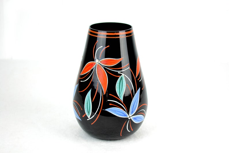 Vase Glasvase Schwarzglas Handbemalt mid century Rockabilly Blumen Vintage Design Deko Dekoration 50er 60er Retro Modern Brocante Bild 1