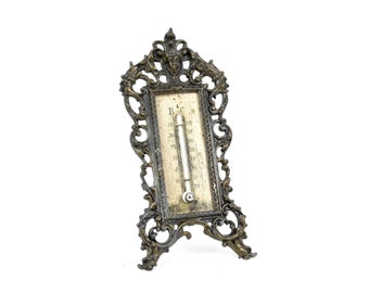 Historismus Thermometer mit Bronze Tischständer um 1880 Tischthermometer Design Putto Fratzen antik Rocaille