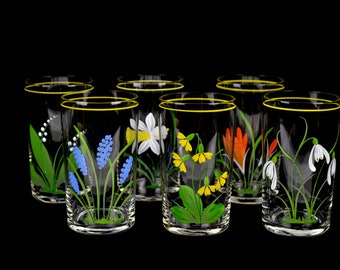 6 Gläser mit Emaille Malerei Blumen Gartenblumen 30er Deutsch Vintage Design Brocante Glas Trinkglas Wasserglas Saftglas