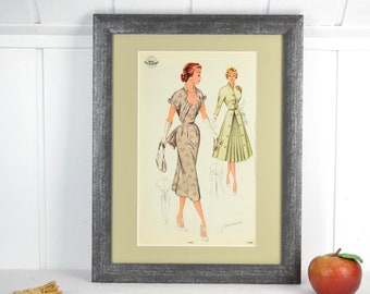 50s picture WEMO fashion modern clothes of the woman newly framed with passe-partout style mid century vintage design mural Brocante 60s