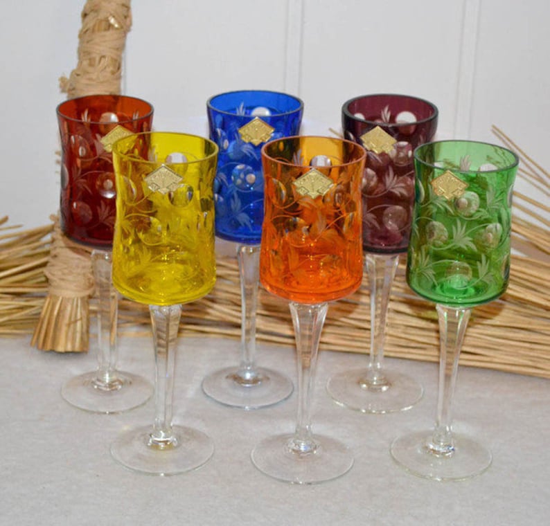 6 Kristallgläser Weinrömer OL Überfangglas Sektglas Sekt Glas Wein Kristall Vintage Landhaus shabby wine glass crystal Design Dekoration Bild 1