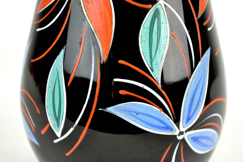 Vase Glasvase Schwarzglas Handbemalt mid century Rockabilly Blumen Vintage Design Deko Dekoration 50er 60er Retro Modern Brocante Bild 6