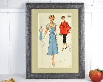 50s picture WEMO fashion modern clothes of the woman newly framed with passe-partout style mid century vintage design mural Brocante 60s